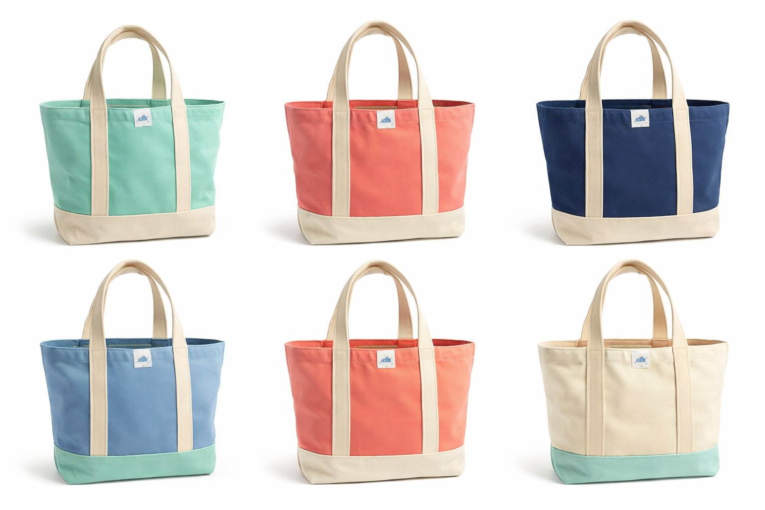 Six OBX Tote Co. canvas tote bags in island colorways — Seafoam, Kinnakeet Red, Hatteras Blue, Ocracoke Pink.